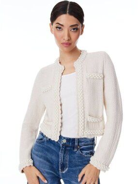 Alice + Olivia Noella Ivory Knit Jacket Small With Pearls